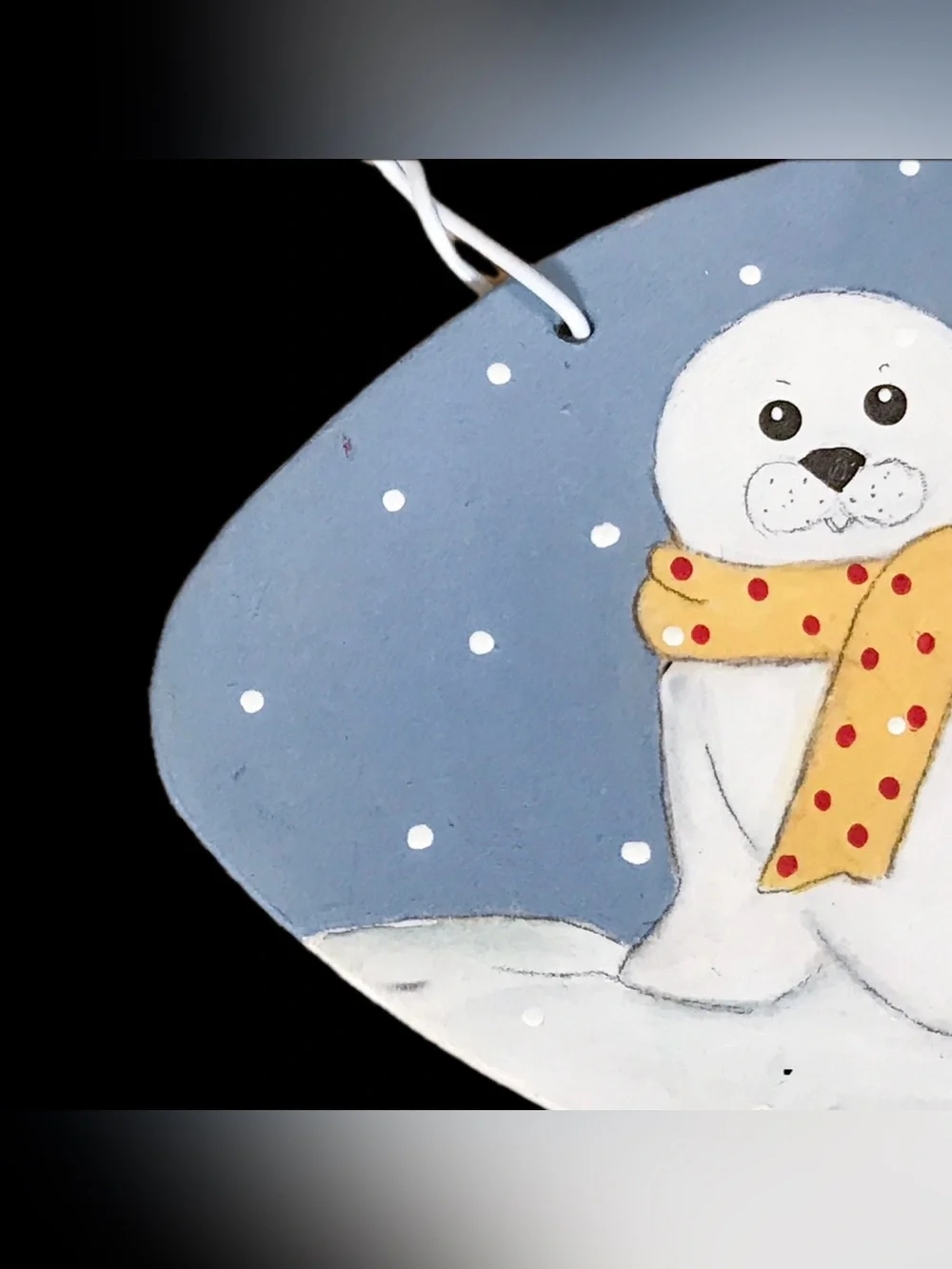 Hand Painted Snow Seal Art On Flat Wood Ornament Christmas Holiday Whimsical
